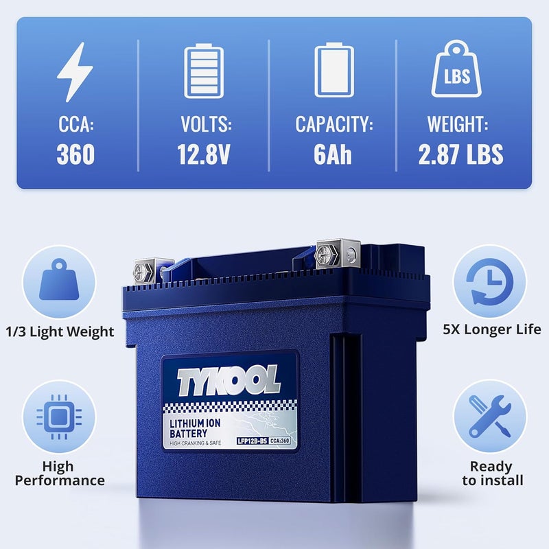 TYKOOL YT12B-BS, 3X Cranking Amps,Lithium LiFePO4 Motorcycle Battery, 12V 6Ah, 360CCA,Powersports Battery, Compatible for Ducati,Kawasaki 1000cc,Triumph 865cc,Yamaha 600cc,1000cc - Image 5